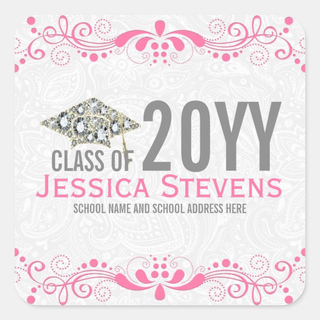 White Damasks Pink Lace & Diamonds Grad 2015 Hat Square Sticker (Front)
