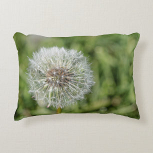 White dandelion flower on green grass accent pillow
