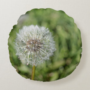 White dandelion flower on green grass round pillow