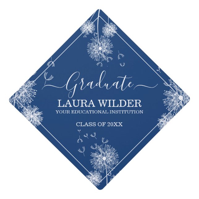 White Dandelion Flowers Navy Blue Graduation Cap Topper (Front)