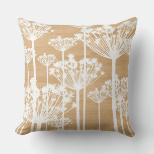 White Dandelions on Faux Wood Background Rustic Throw Pillow