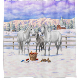 White Dapple Grey Quarter Horses On A Farm In Snow