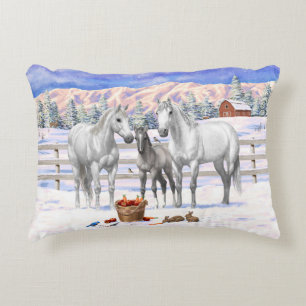 White Dapple Grey Quarter Horses On A Farm In Snow Accent Pillow