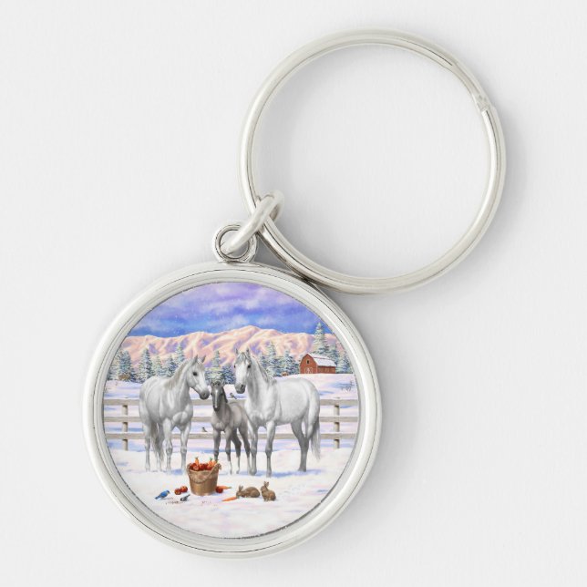 White Dapple Grey Quarter Horses On A Farm In Snow Keychain (Front)