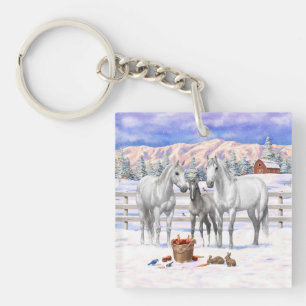 White Dapple Grey Quarter Horses On A Farm In Snow Keychain