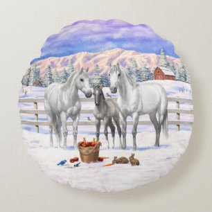 White Dapple Grey Quarter Horses On A Farm In Snow Round Pillow