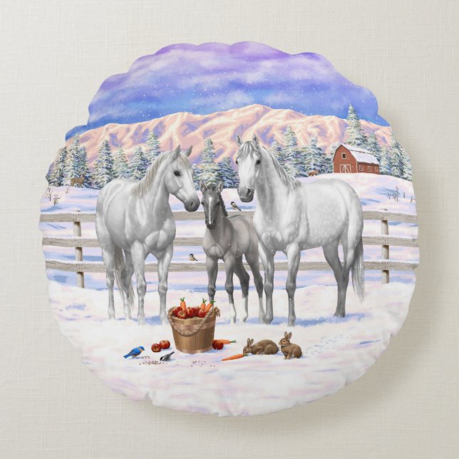 White Dapple Grey Quarter Horses On A Farm In Snow Round Pillow (Front)