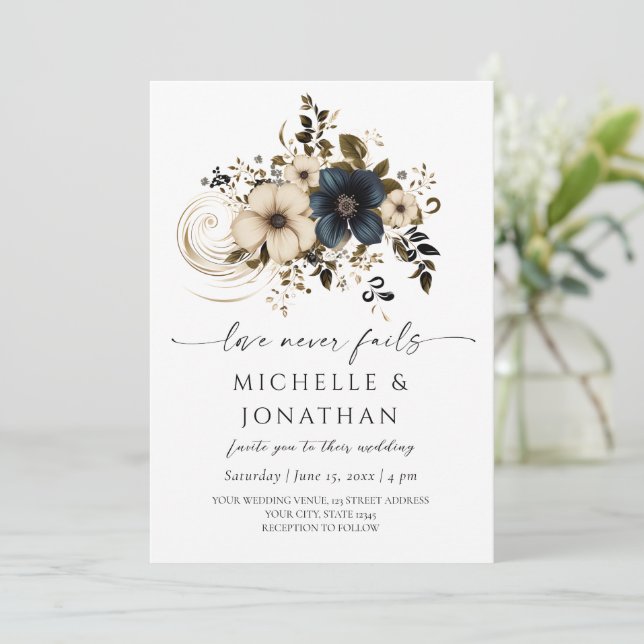 White Dark Grey Floral Bible Christian Wedding Invitation (Standing Front)