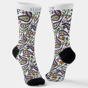White Dark Navy Blue Green Paisley Pattern Socks