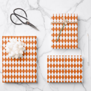 White & Dark Orange Harlequin Diamonds Wrapping Paper Sheet