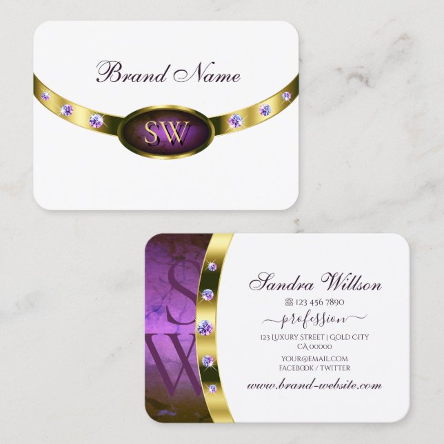 White Dark Purple Marble and Gold with Initials Business Card (Front/Back)
