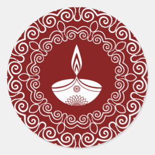White Decorative Diwali Lamp with Rangoli Design Classic Round Sticker