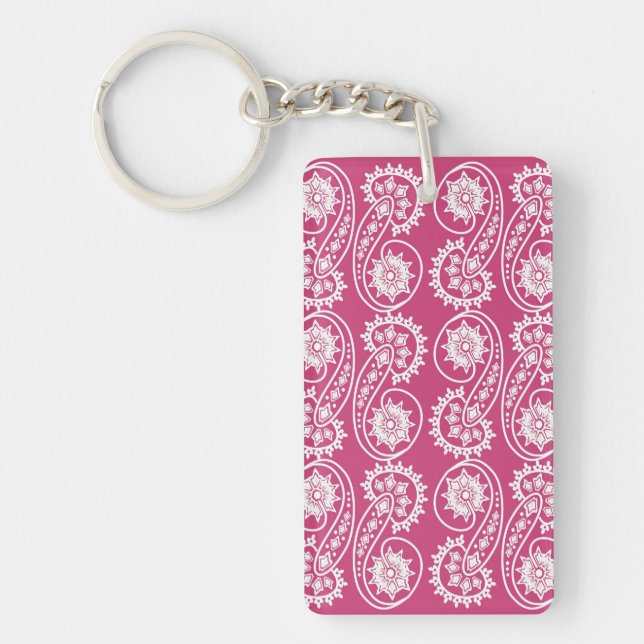 White Decorative Paisley Pattern On Pink Keychain (Front)