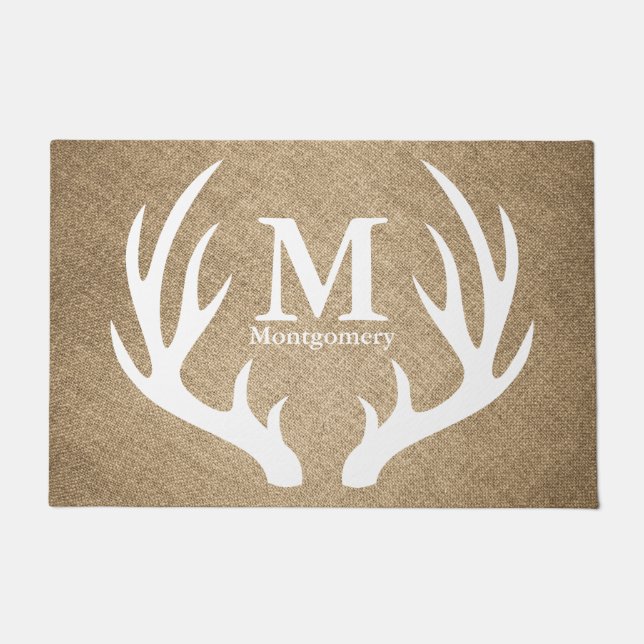 White Deer Antlers and Monogram Farmhouse Doormat (Front)