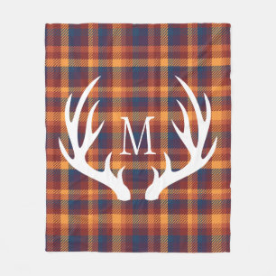 White Deer Antlers Autumnal Plaid Monogrammed Fleece Blanket