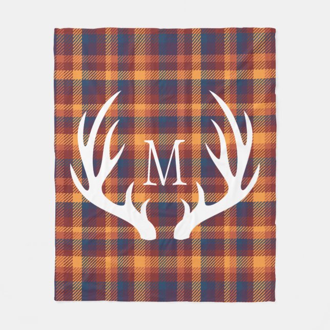 White Deer Antlers Autumnal Plaid Monogrammed Fleece Blanket (Front)