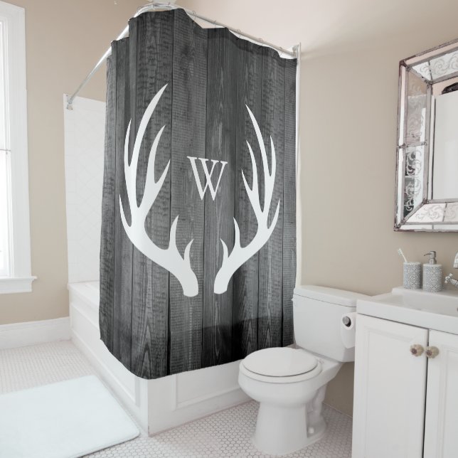 White Deer Antlers Dark Grey Barn Wood Monogram (In Situ)