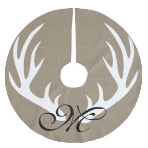 White Deer Antlers Faux Burlap Monogram Tree Skirt