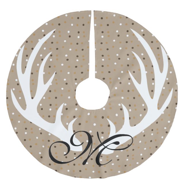 White Deer Antlers Gold Confetti Black Monogram Brushed Polyester Tree Skirt (Front)