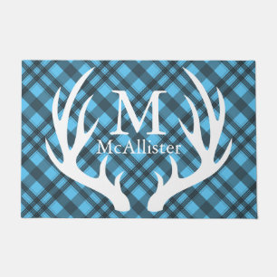 White Deer Antlers Grey Tartan Plaid Personalized Doormat