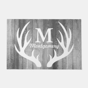 White Deer Antlers Grey Wood Planks - Personalized Doormat
