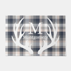 White Deer Antlers Heather Grey Plaid Family Name Doormat