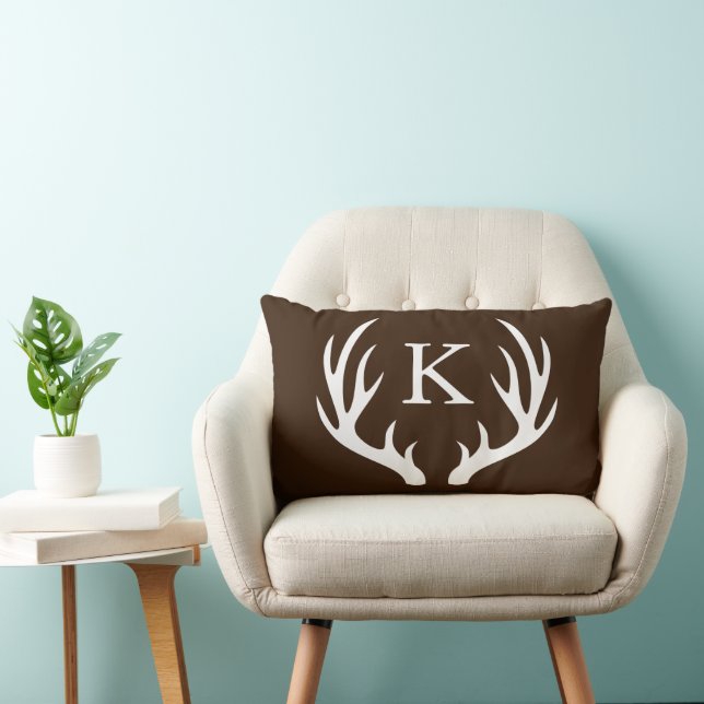 White Deer Antlers Monogram Rustic Brown Lumbar Pillow (Chair)