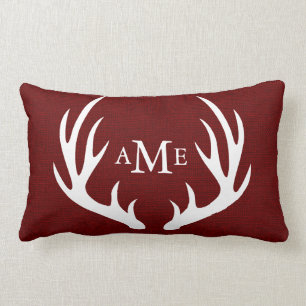 White Deer Antlers Monogram Rustic Red Burlap Lumbar Pillow