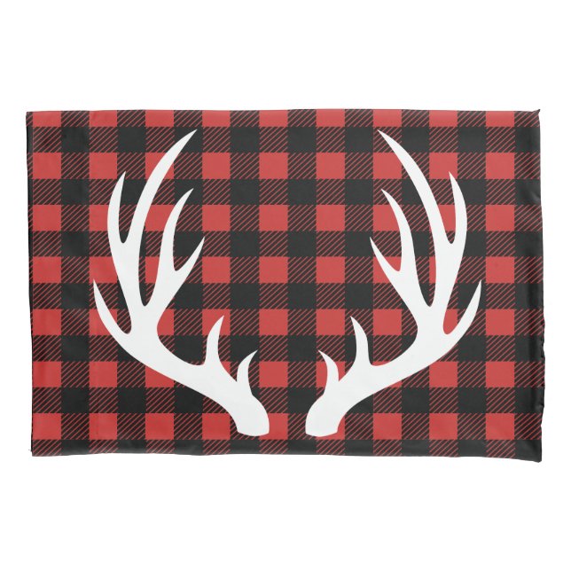 White Deer Antlers Rustic Buffalo Check Plaid Pillowcase (Front)