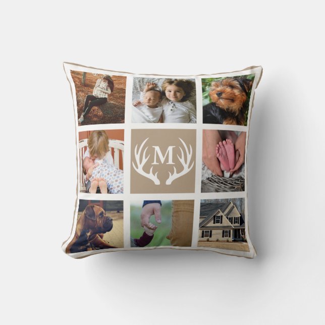 White Deer Antlers Rustic Family 8 Square Photos Throw Pillow (Front)