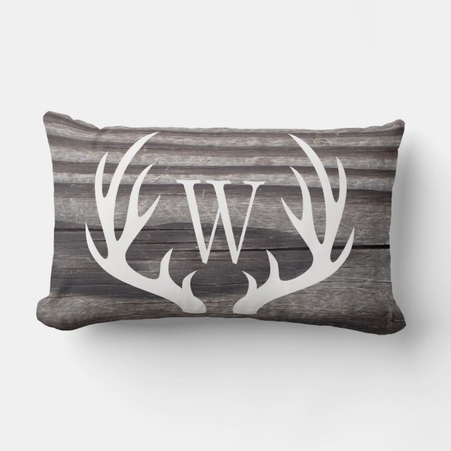 White Deer Antlers Weathered Wood Monogram Lumbar Pillow (Front)
