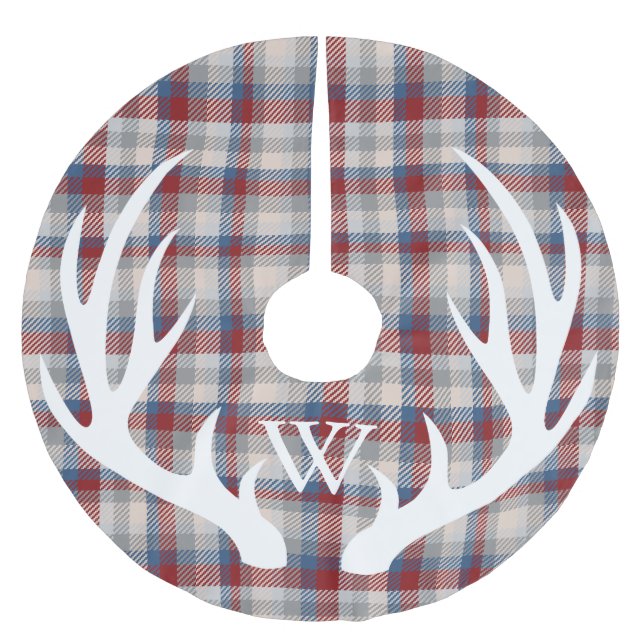 White Deer Antlers Winter Berry Plaid Monogram Brushed Polyester Tree Skirt (Front)