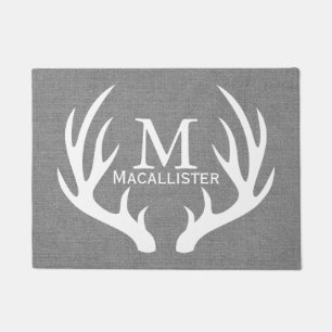 White Deer Buck Antlers & Faux Grey Burlap Doormat