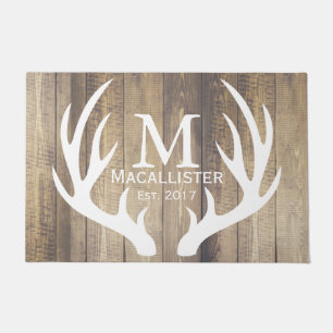 White Deer Buck Antlers & Rustic Wood Family Name Doormat