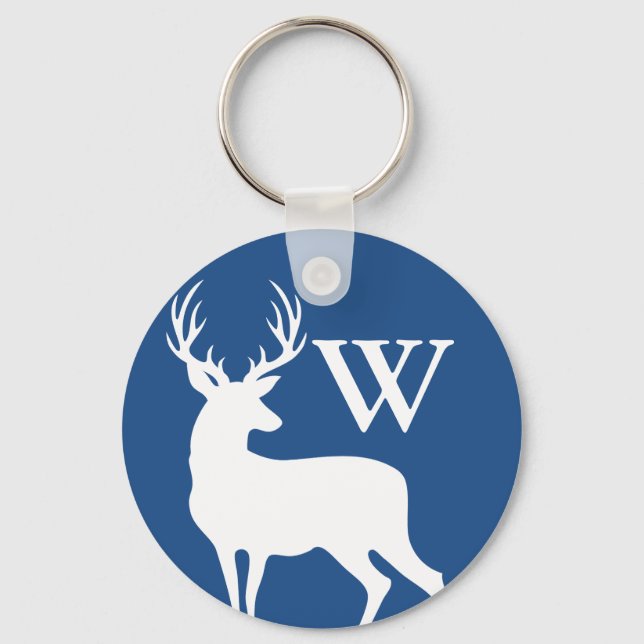 White Deer Buck Silhouette White Initial Letter Keychain (Front)