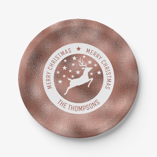 White Deer - Faux Rose Gold Foil (Not Real Foil) Paper Plate (Front)