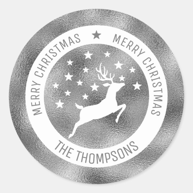 White Deer - Faux Silver Foil Look (Not Real Foil) Classic Round Sticker (Front)