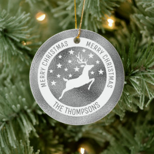 White Deer - Faux Silver Grey Foil (Not Real Foil) Ceramic Ornament