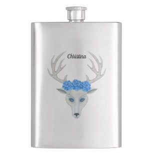 White Deer Head Antlers Vibrant Blue Eyes Roses Hip Flask