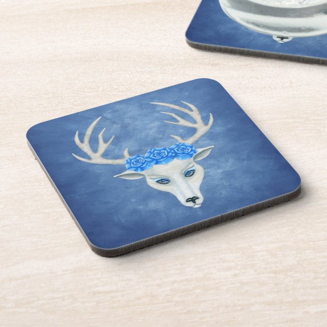 White Deer Head Blue Mysterious Eyes Antlers Roses Coaster (Left Side)