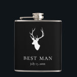 White Deer Head Hip Flask<br><div class="desc">White deer head silhouette on black background, personalized flask. Features two lines for custom text. Background colour can be customized.</div>