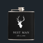 White Deer Head Hip Flask<br><div class="desc">White deer head silhouette on black background,  personalized flask. Features two lines for custom text. Background colour can be customized.</div>