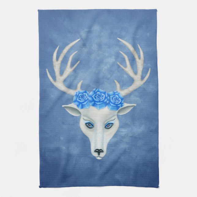 White Deer Head Mysterious Face Blue Eyes Roses Kitchen Towel (Vertical)