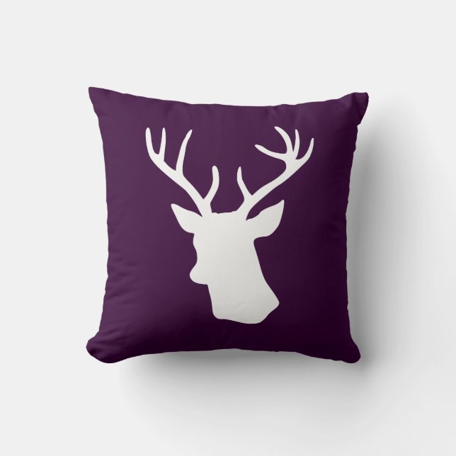 White Deer Head Silhouette - Dark Purple Throw Pillow (Front)