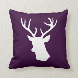 White Deer Head Silhouette - Dark Purple Throw Pillow