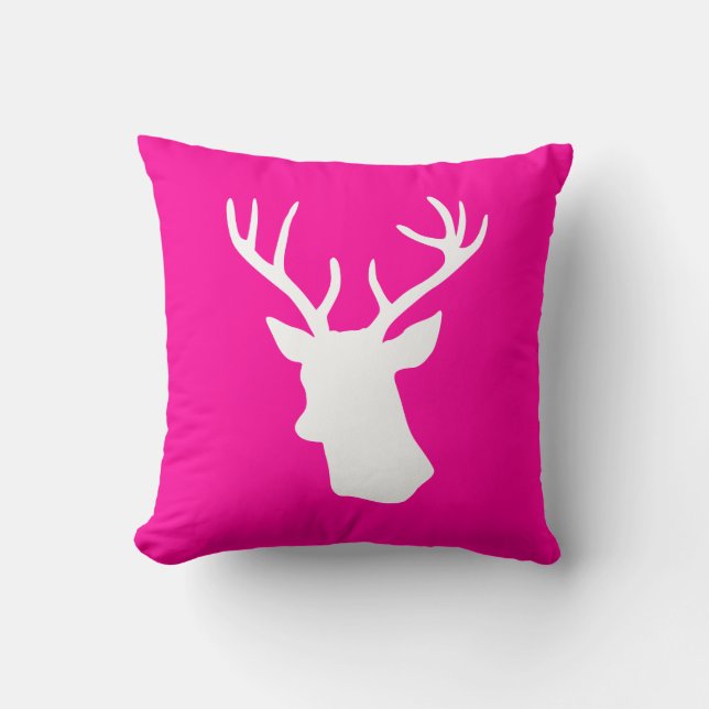 White Deer Head Silhouette - Hot Pink Throw Pillow (Front)