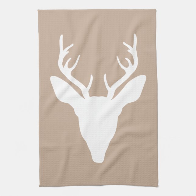 White Deer Head Silhouette On Beige Kitchen Towel (Vertical)