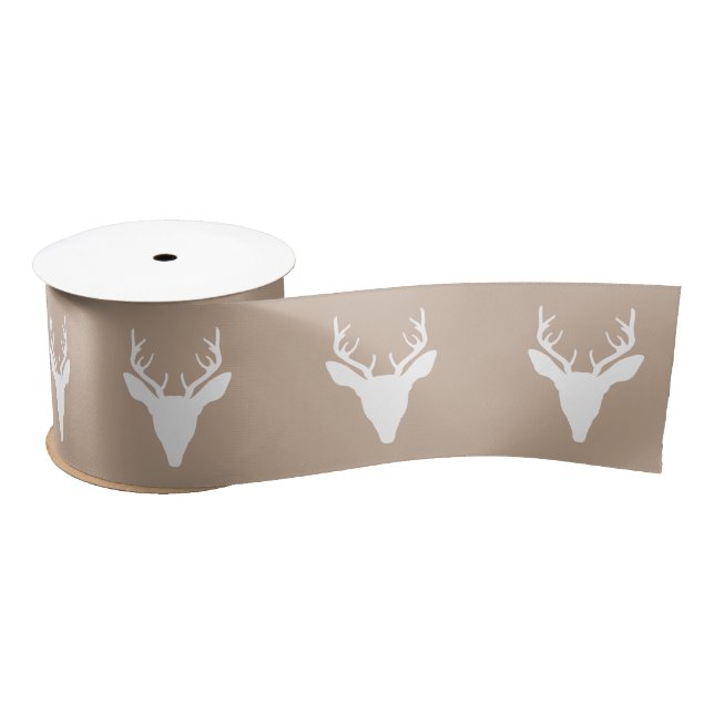White Deer Head Silhouette On Beige Satin Ribbon (Spool)