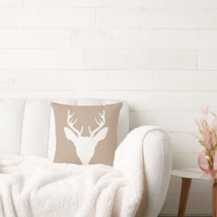 White Deer Head Silhouette On Beige Throw Pillow