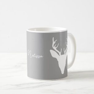 White Deer Head Silhouette On Grey And Custom Name Coffee Mug